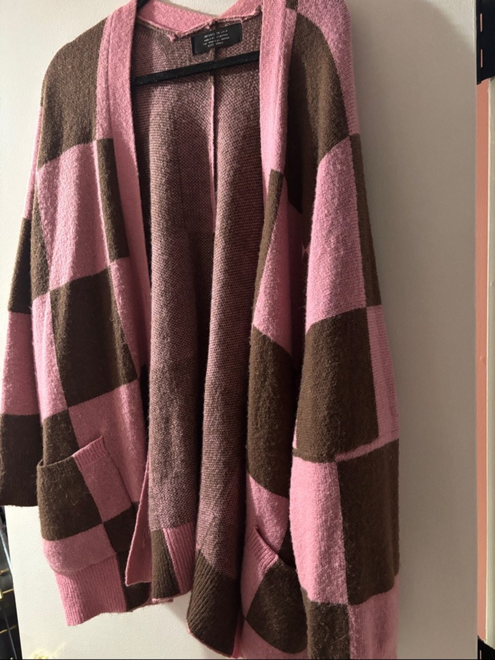 Dressed in LALA Pink and Brown Checked Open-Front Cardigan